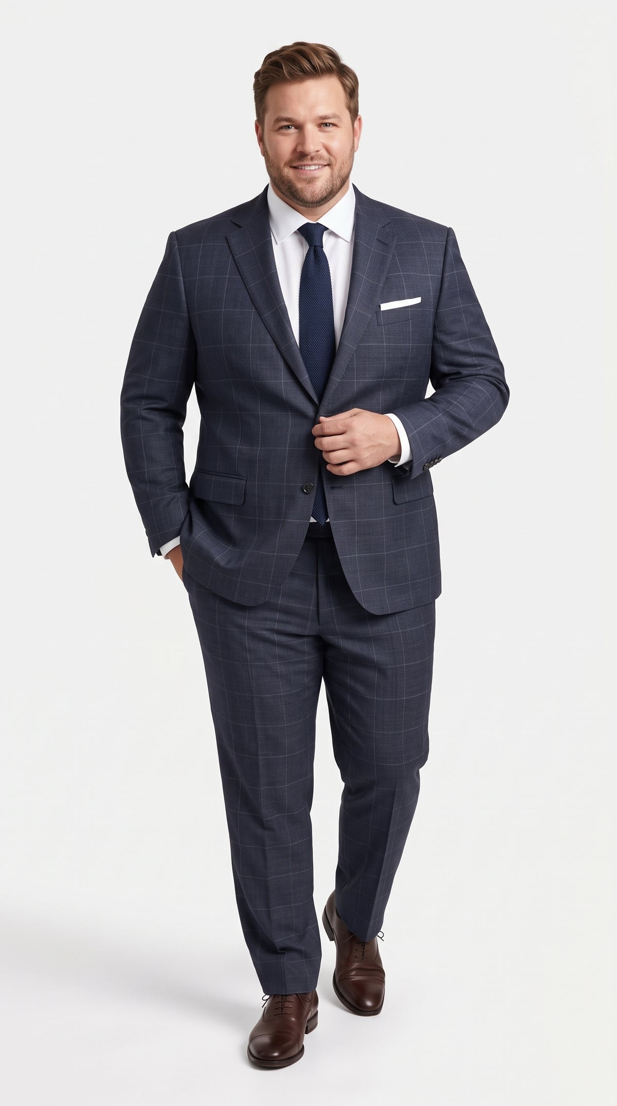 Statement Men’s Navy Windowpane 2 Piece Wool Suit, Modern Fit Super 200s Formal Business Suit