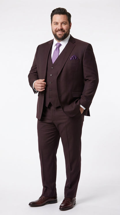 Statement Men’s Plum Eggplant 2 Button Modern Fit Suit, Italian Style Wool Formal Wedding Business Suit