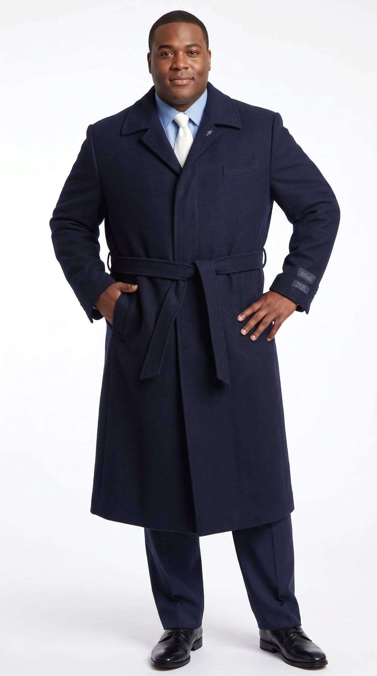 Men's Navy Blue Full Length Belted Overcoat – Classic Long Winter Dress Coat with Waist Belt