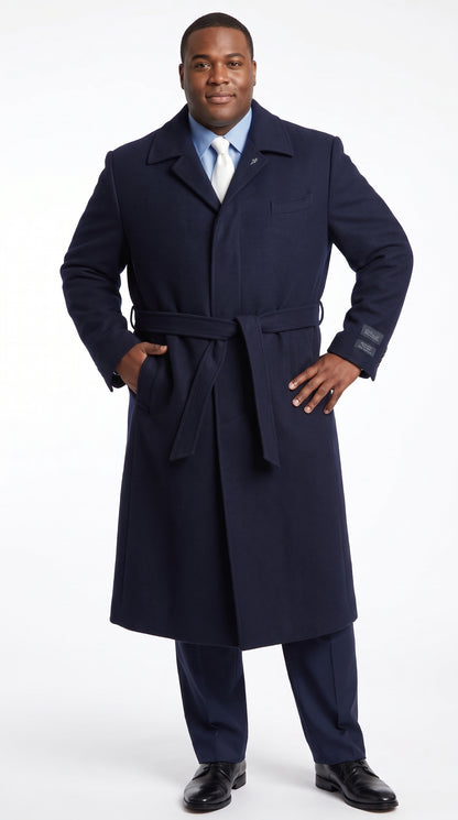 Men's Navy Blue Full Length Belted Overcoat – Classic Long Winter Dress Coat with Waist Belt