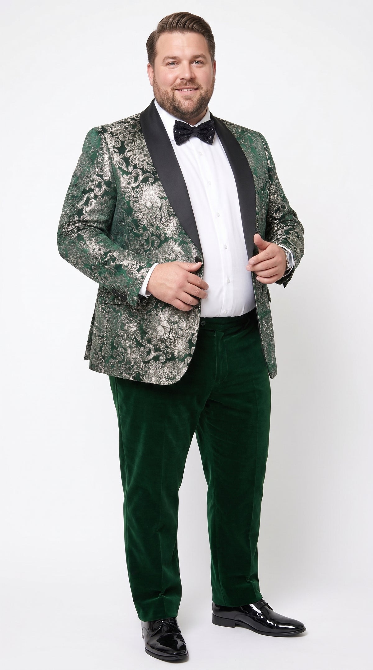 Men’s Emerald Green and Gold Floral Jacquard Tuxedo Suit, Black Satin Shawl Lapel Wedding Prom Formal Suit