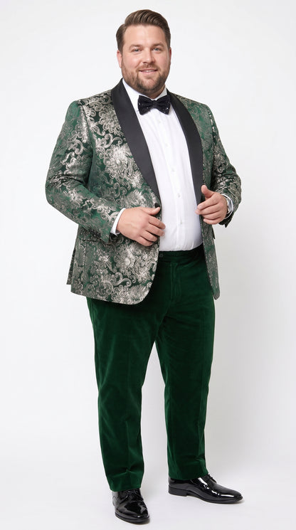 Men’s Emerald Green and Gold Floral Jacquard Tuxedo Suit, Black Satin Shawl Lapel Wedding Prom Formal Suit