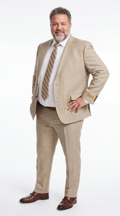Men’s Beige Big & Tall Linen Suit – 2-Button Summer Wedding & Beach Suit