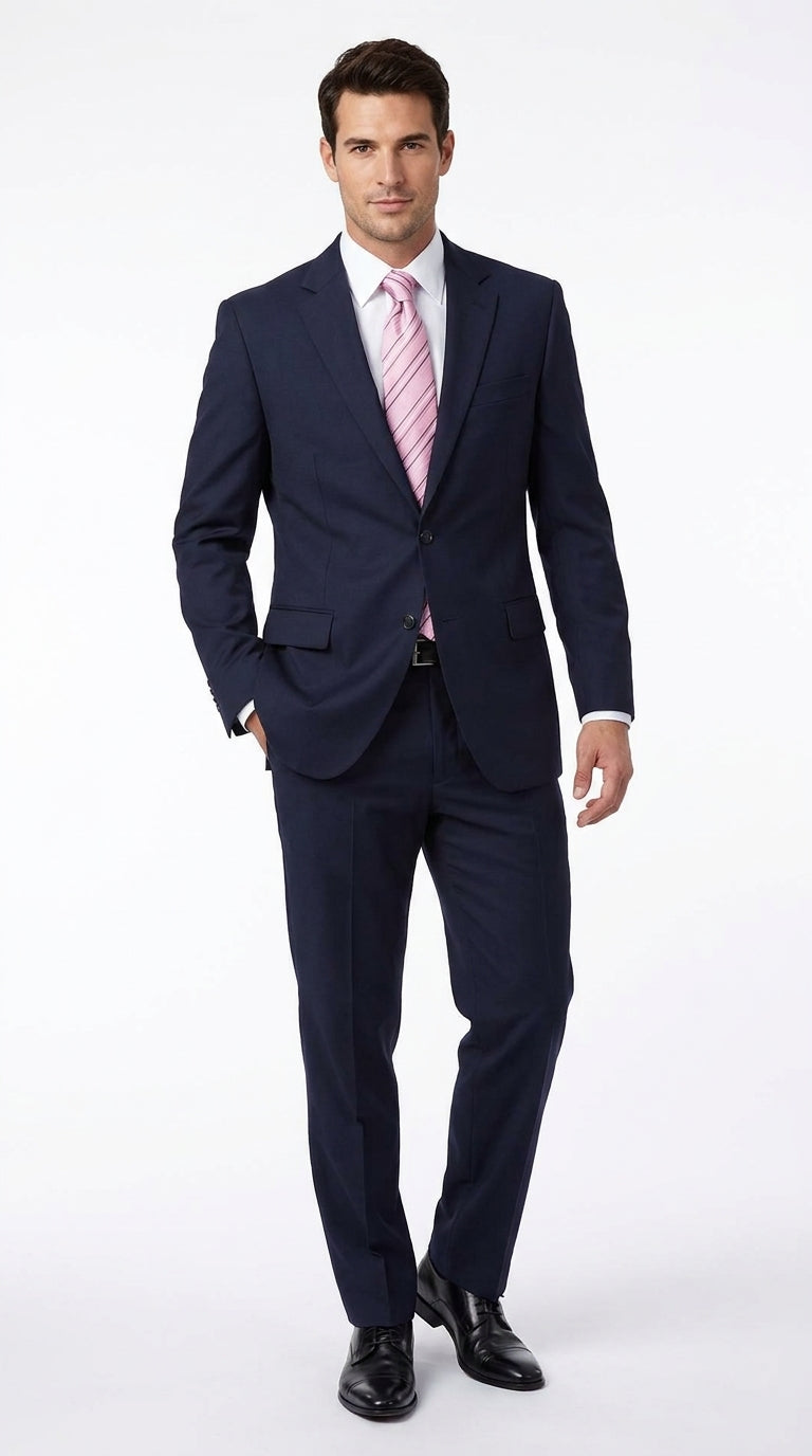 Men’s Dark Navy Blue 2-Piece Suit – Two Button Notch Lapel Jacket with Flat Front Pants