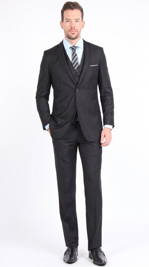 Men’s Black 3-Piece Vested Suit – Two-Button Formal Suit with Vest & Flat-Front Pants