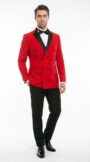 Men’s Red Double Breasted Tuxedo – Black Peak Lapel Prom & Wedding Suit