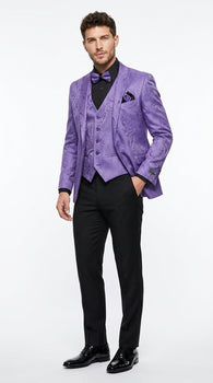 Men’s Purple Paisley Prom Tuxedo Suit, Wedding Floral Jacket with Matching Vest and Pants