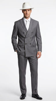 Men’s Grey 1920s Gangster Suit Package – Double-Breasted Suit with Untouchable Hat, Shirt and Tie