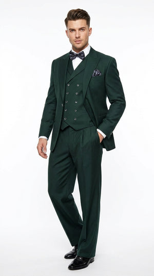 Men’s Hunter Green Big and Tall 3-Piece Wool Suit – Classic Fit Peak Lapel Suit with Double-Breasted Vest and Pleated Pants