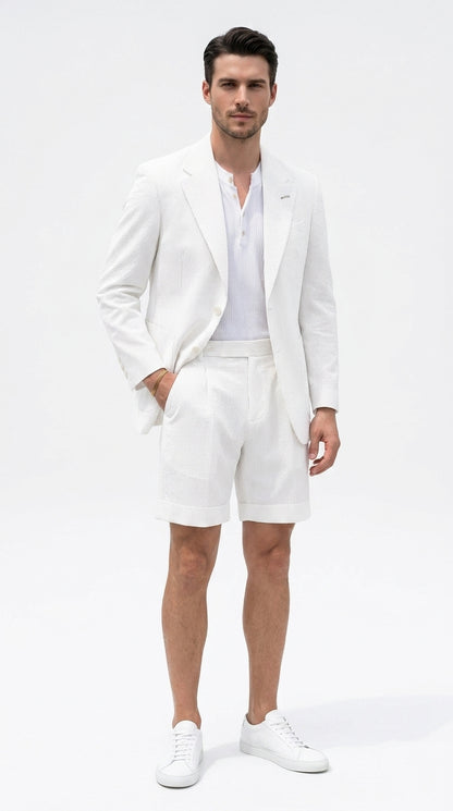 Men’s White Seersucker Suit with Shorts, Summer Wedding Beach Casual Mini Pinstripe Suit Set Modern Fit