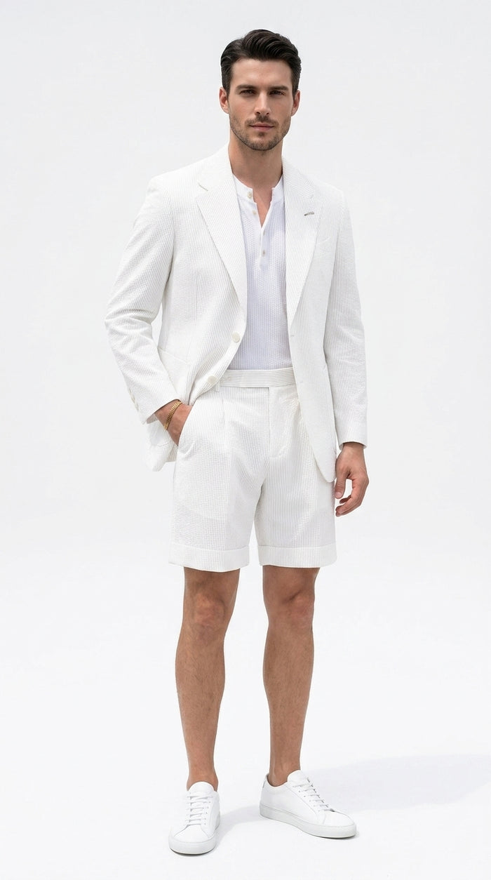 Men’s White Seersucker Suit with Shorts, Summer Wedding Beach Casual Mini Pinstripe Suit Set Modern Fit