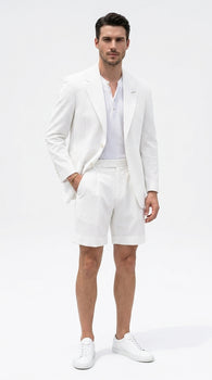 Men’s White Seersucker Suit with Shorts, Summer Wedding Beach Casual Mini Pinstripe Suit Set