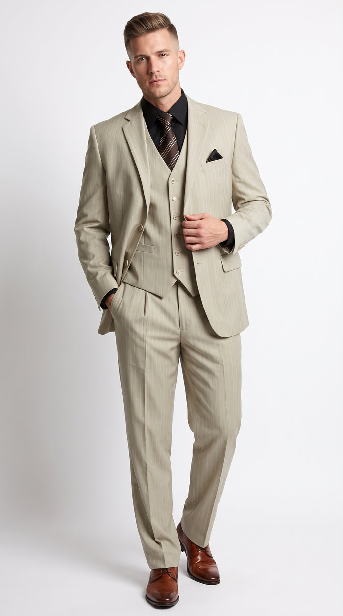 Men’s Tan Beige Pinstripe 3 Piece Vested Suit, 2 Button Formal Wedding Business Dress Suit