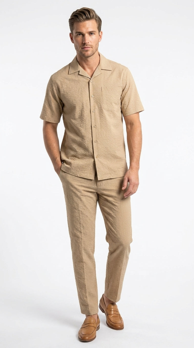 Men’s Blue Seersucker 2 Piece Walking Set, Short Sleeve Shirt and Pants Summer Outfit