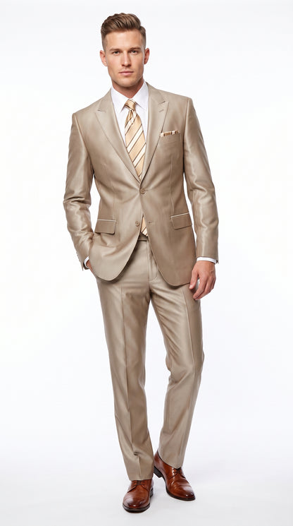 Men’s Tan Shiny Sharkskin 2 Button Suit, Peak Lapel Formal Wedding Business Dress Suit Modern Fit
