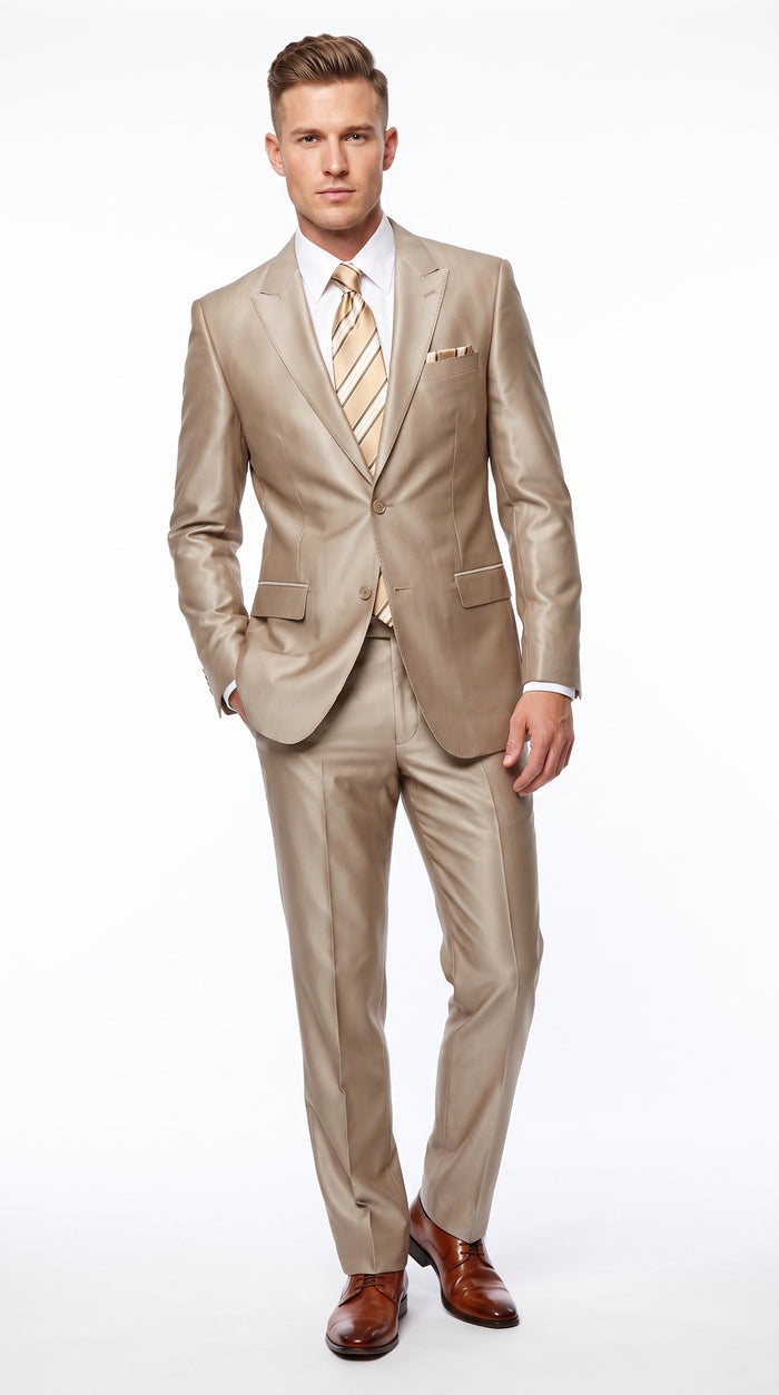Men’s Tan Shiny Sharkskin 2 Button Suit, Peak Lapel Formal Wedding Business Dress Suit Modern Fit