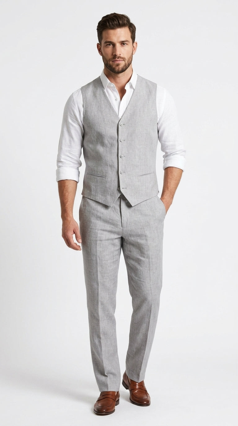Men’s Light Grey Linen Vest and Pants Set, Beach Wedding Summer Formal Outfit