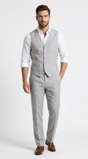 Men’s Light Grey Linen Vest and Pants Set, Beach Wedding Summer Formal Outfit