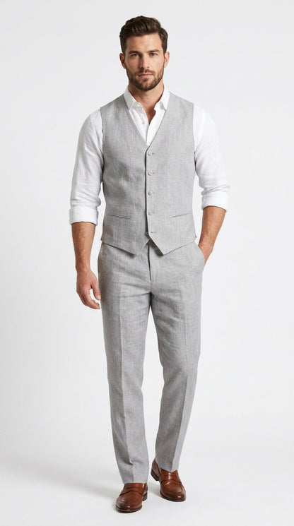 Men’s Light Grey Linen Vest and Pants Set, Beach Wedding Summer Formal Outfit