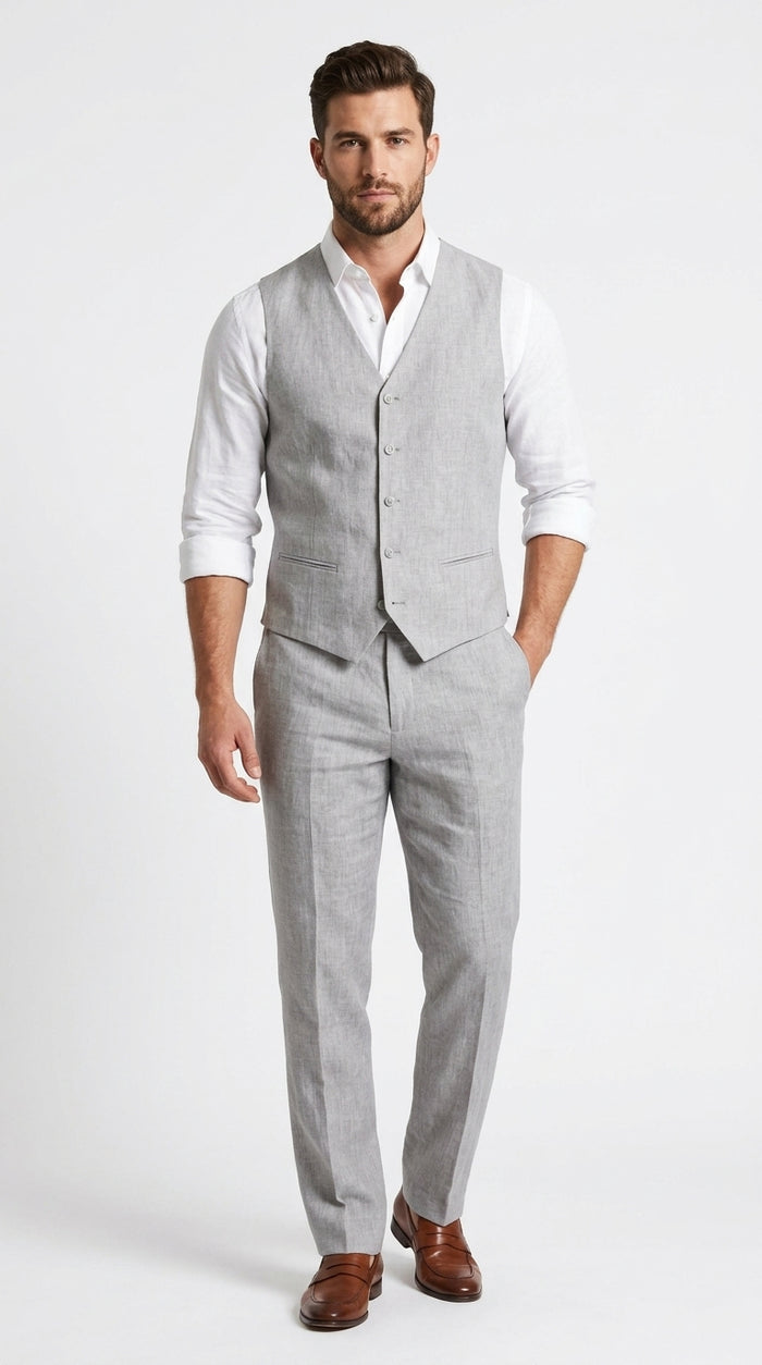 Men’s Light Grey Linen Vest and Pants Set, Beach Wedding Summer Formal Outfit