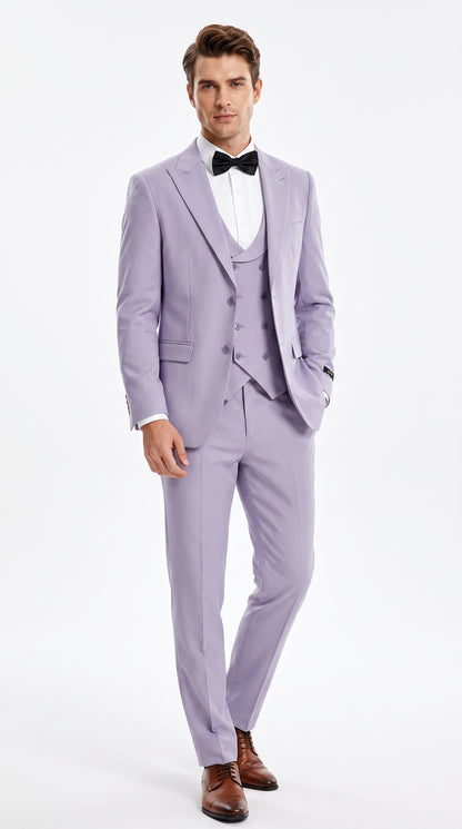 Men’s Lavender Modern Fit 3 Piece Suit, Two Button Vested Peak Lapel Graduation Wedding Prom Suit