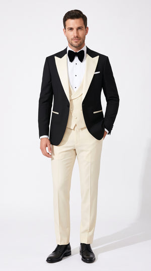 Men’s Black and Ivory 3 Piece Tuxedo Suit, Wide Ivory Peak Lapel Wedding Prom Formal Suit with Matching Vest