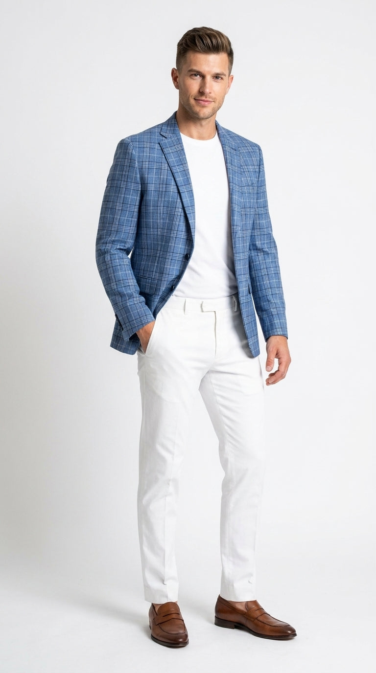 Men’s Blue Plaid Windowpane Blazer, Textured Pattern Sport Coat for Weddings, Parties, Business Casual, and Special Occasions