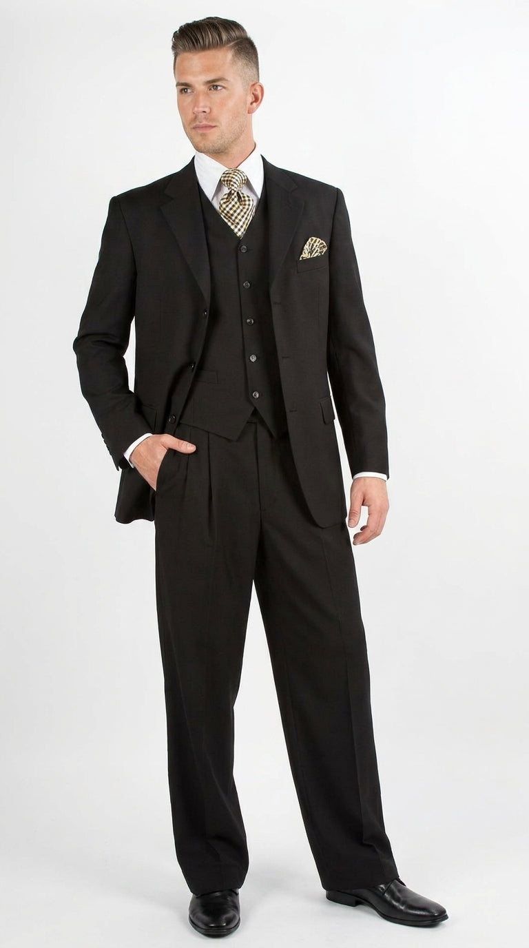 Men’s Black 3-Piece Suit – Classic Fit Three-Button Vested Suit with Single-Pleated Pants