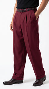 Pacelli Men’s Burgundy Pleated Wide Leg Dress Pants, Wine Maroon Baggy Fit Slacks with Unhemmed Bottoms