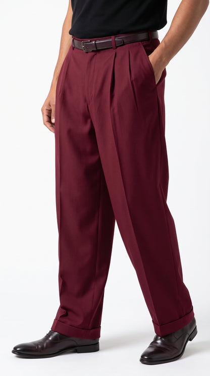 Pacelli Men’s Burgundy Pleated Wide Leg Dress Pants, Wine Maroon Baggy Fit Slacks with Unhemmed Bottoms