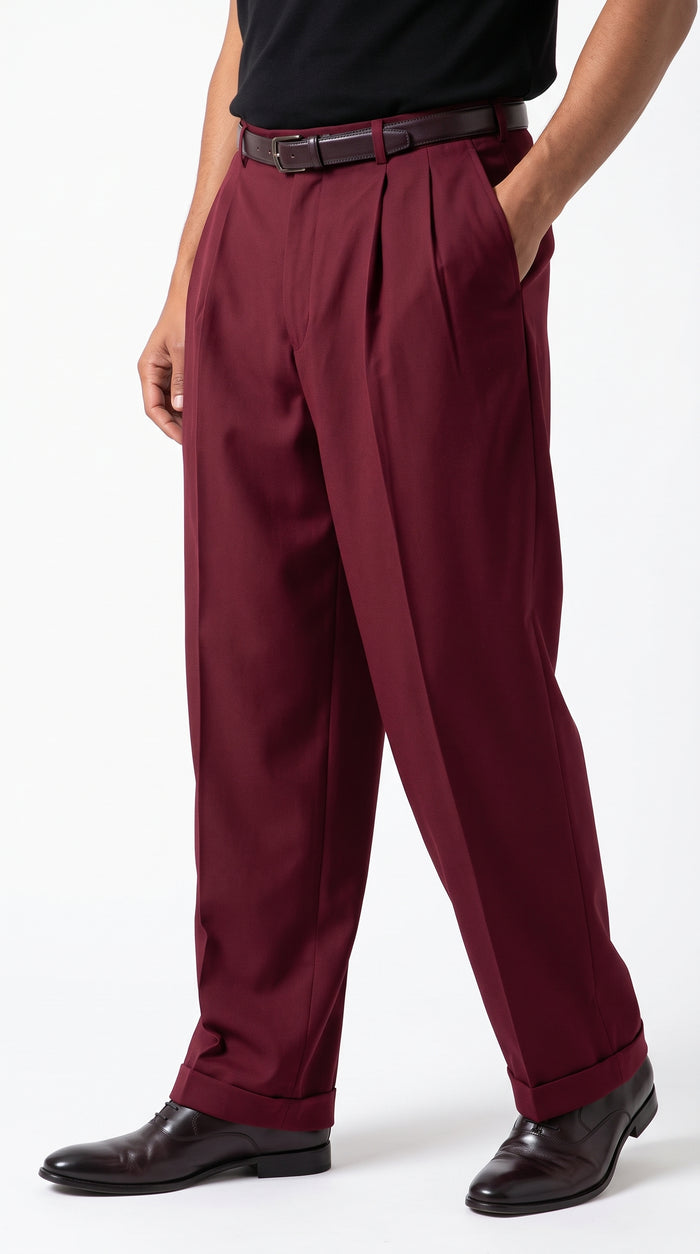 Pacelli Men’s Burgundy Pleated Wide Leg Dress Pants, Wine Maroon Baggy Fit Slacks with Unhemmed Bottoms