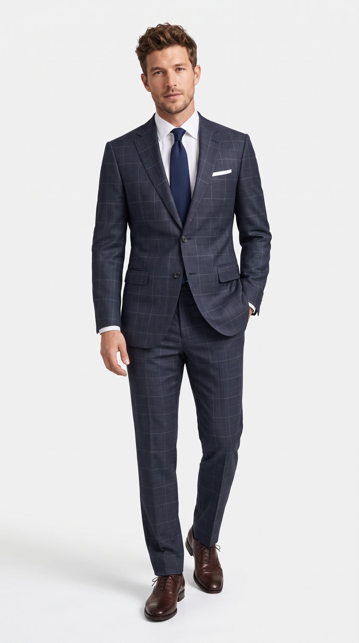 Statement Men’s Navy Windowpane 2 Piece Wool Suit, Modern Fit Super 200s Formal Business Suit