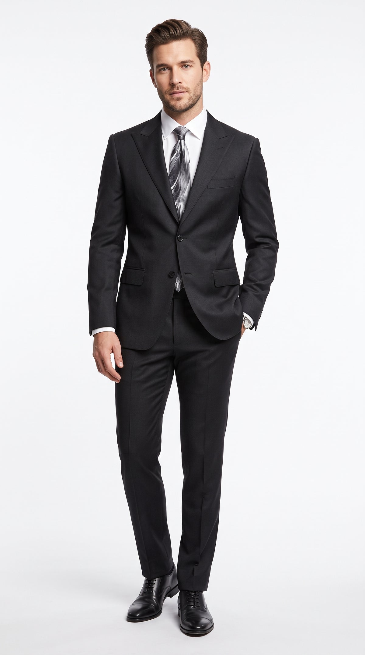 Men's Extra Fine Wool Black Suit – Classic 2 Button Peak Lapel Formal Business & Wedding Suit (Also Available in Dark Navy)