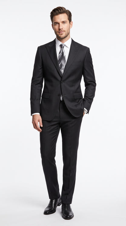 Men's Extra Fine Wool Black Suit – Classic 2 Button Peak Lapel Formal Business & Wedding Suit (Also Available in Dark Navy)