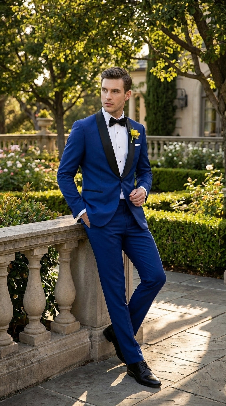 Men’s Royal Blue Tuxedo Dress Suit with Black Shawl Lapel, Formal Wedding Prom Suit