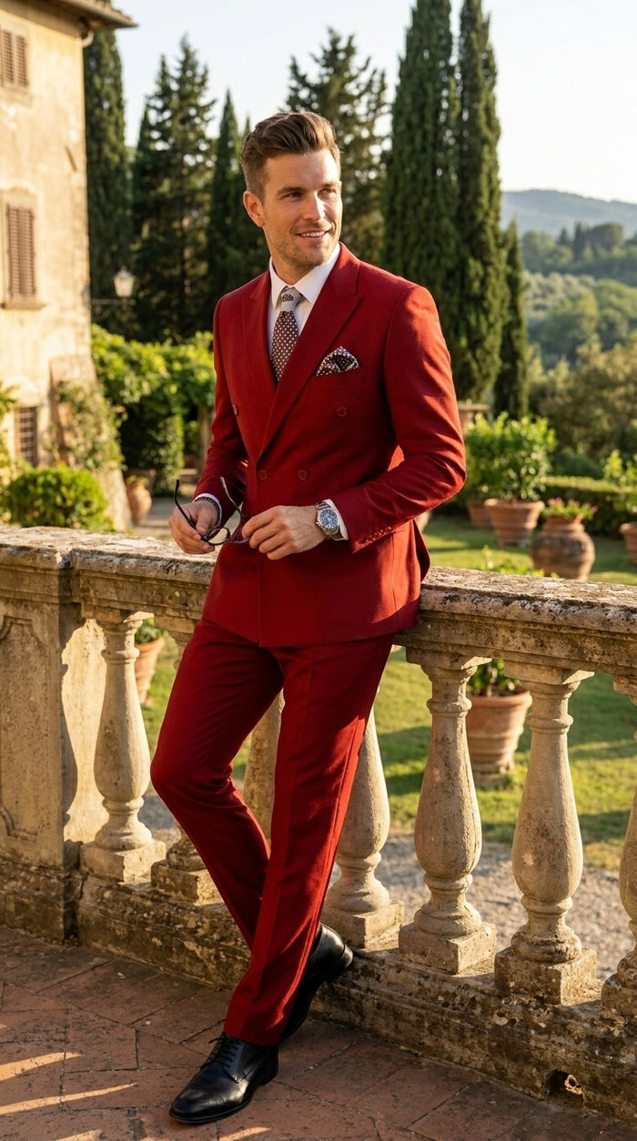 Men’s Modern Double Breasted Peak Lapel Suit – Red by EJ Samuel