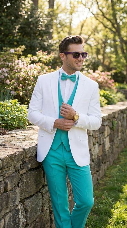 White and Turquoise Tuxedo Wedding Suit - White Dinner Jacket + Vest + Pants + Bow-tie