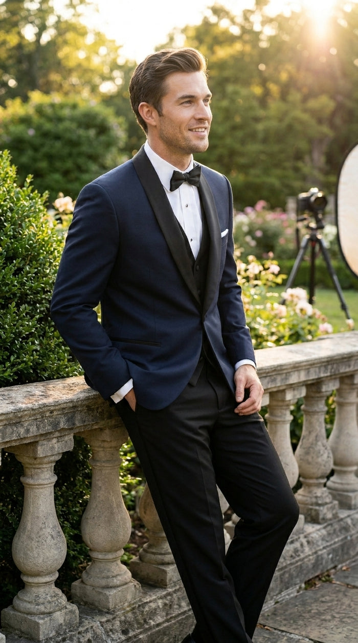 Suit Midnight Dark Navy Blue Suit For Men Tux With Black Lapel Suit Shawl Collar 1 Button Dinner Jacket Looking