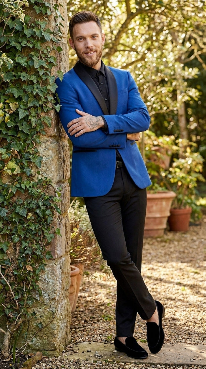 Men’s Blue 1 Button Blazer Jacket with Black Pants, Formal Party Wedding Dress Suit