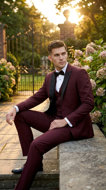 Men’s Burgundy Wine Tuxedo Suit with Black Peak Lapel, Jacket and Pants Formal Dinner Suit