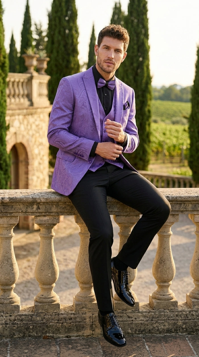 Men’s Purple Paisley Prom Tuxedo Suit, Wedding Floral Jacket with Matching Vest and Pants