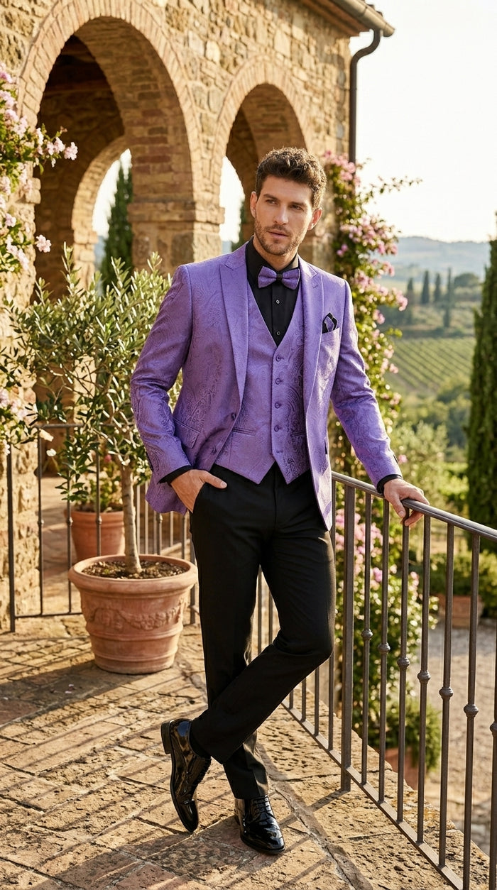 Men’s Purple Paisley Prom Tuxedo Suit, Wedding Floral Jacket with Matching Vest and Pants