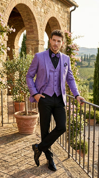 Men’s Purple Paisley Prom Tuxedo Suit, Wedding Floral Jacket with Matching Vest and Pants