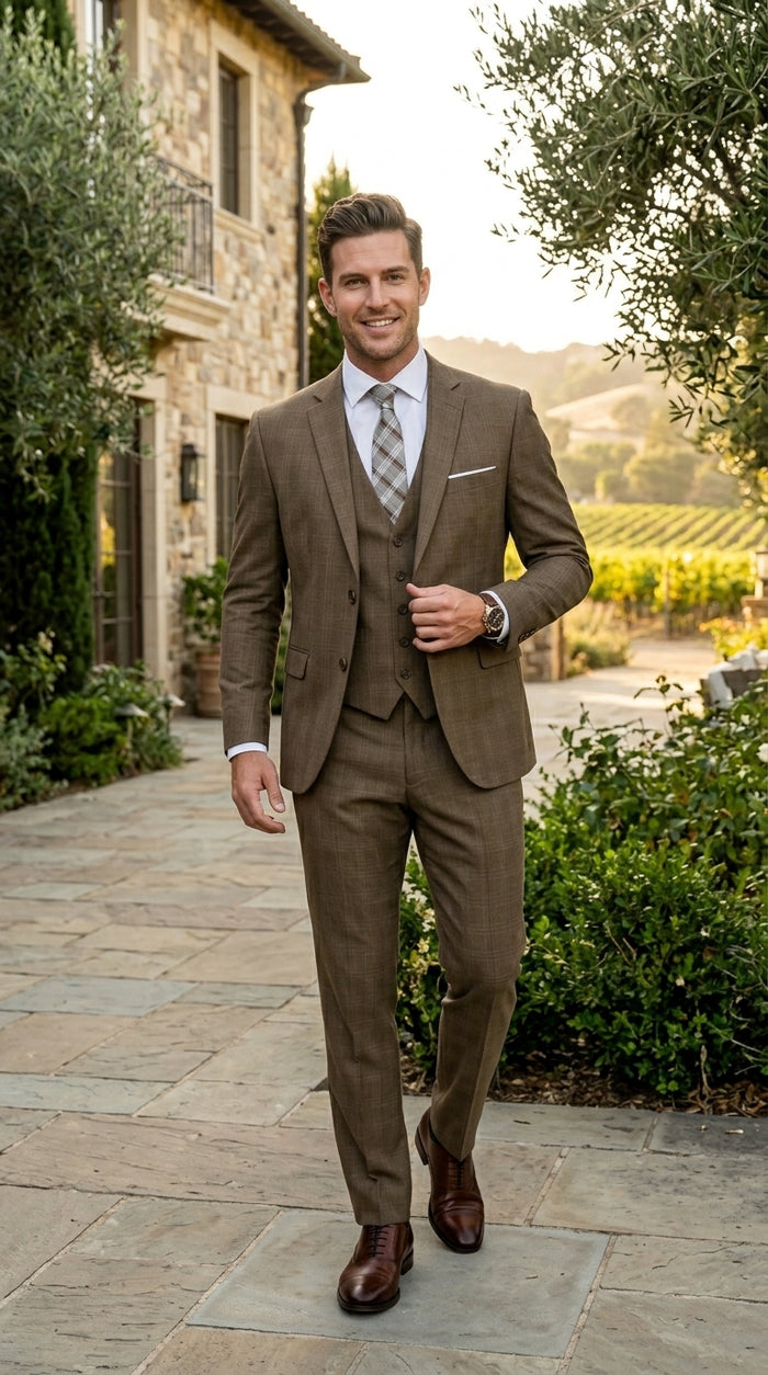 Men’s Taupe Tan Coffee Windowpane Plaid 3 Piece Suit, Two Button Vested Wedding Business Suit Set