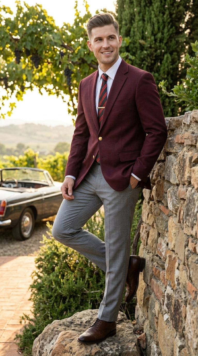 Men’s Burgundy Maroon Wine 2 Button Blazer, Classic Business Casual Wedding Sport Coat Jacket