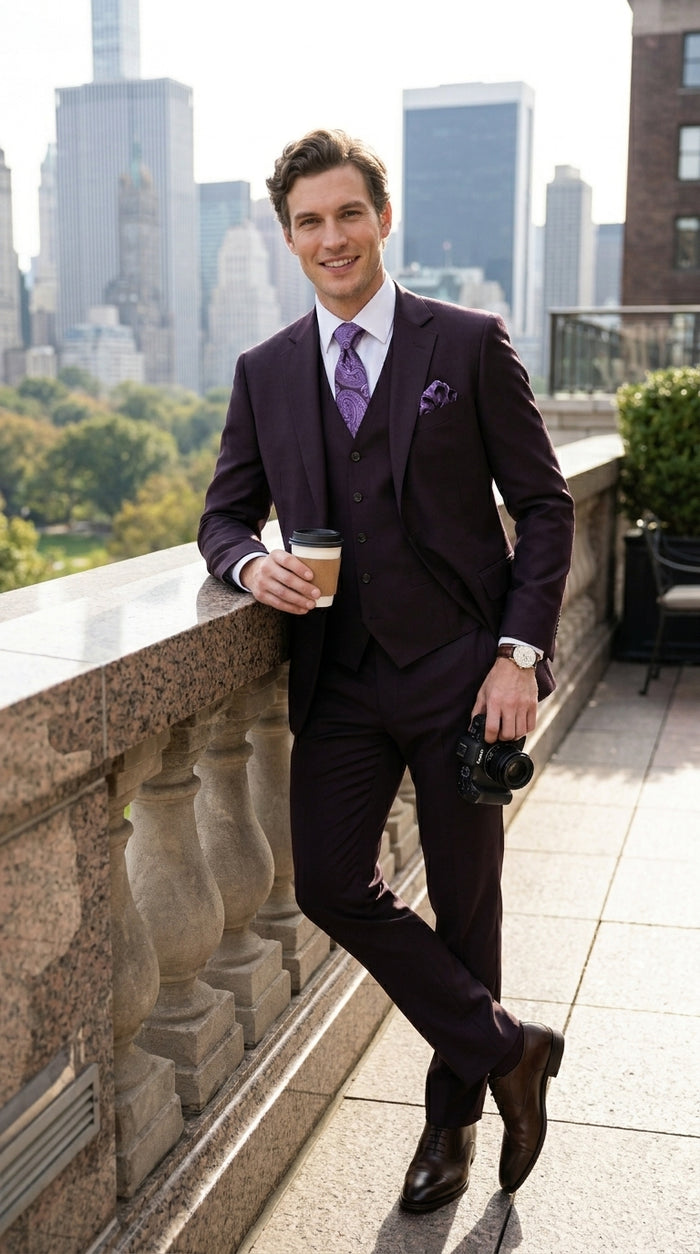 Men’s Very Dark Purple Plum Eggplant 3 Piece Suit, Classic Vested 2 Button Wedding Business Suit Set