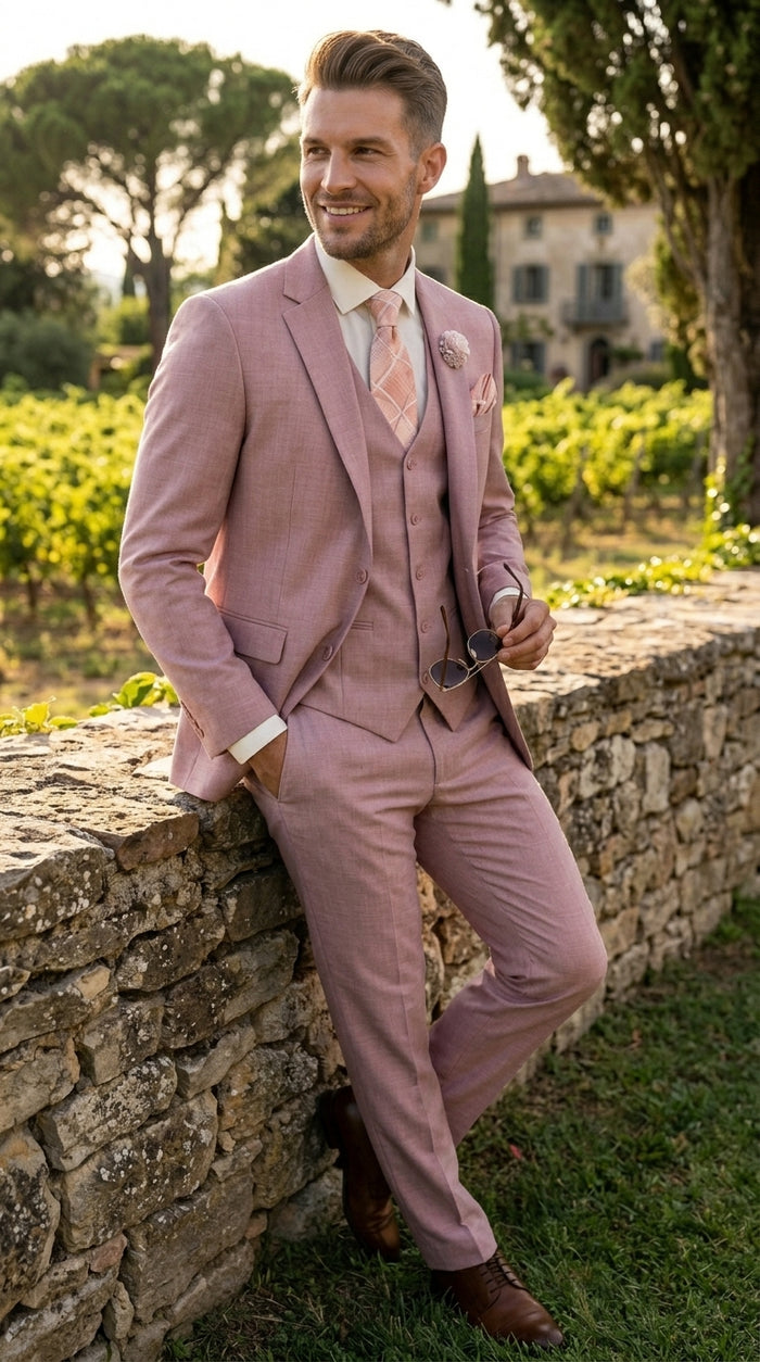 Men’s Mauve Rose Gold Light Pink 3 Piece Wedding Suit, Formal Vested Groom Prom Suit Set