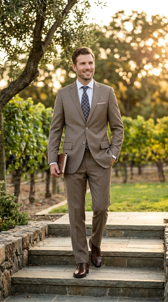 Men’s Taupe 2 Button Suit, Classic Business Wedding Church Formal Dress Suit Set