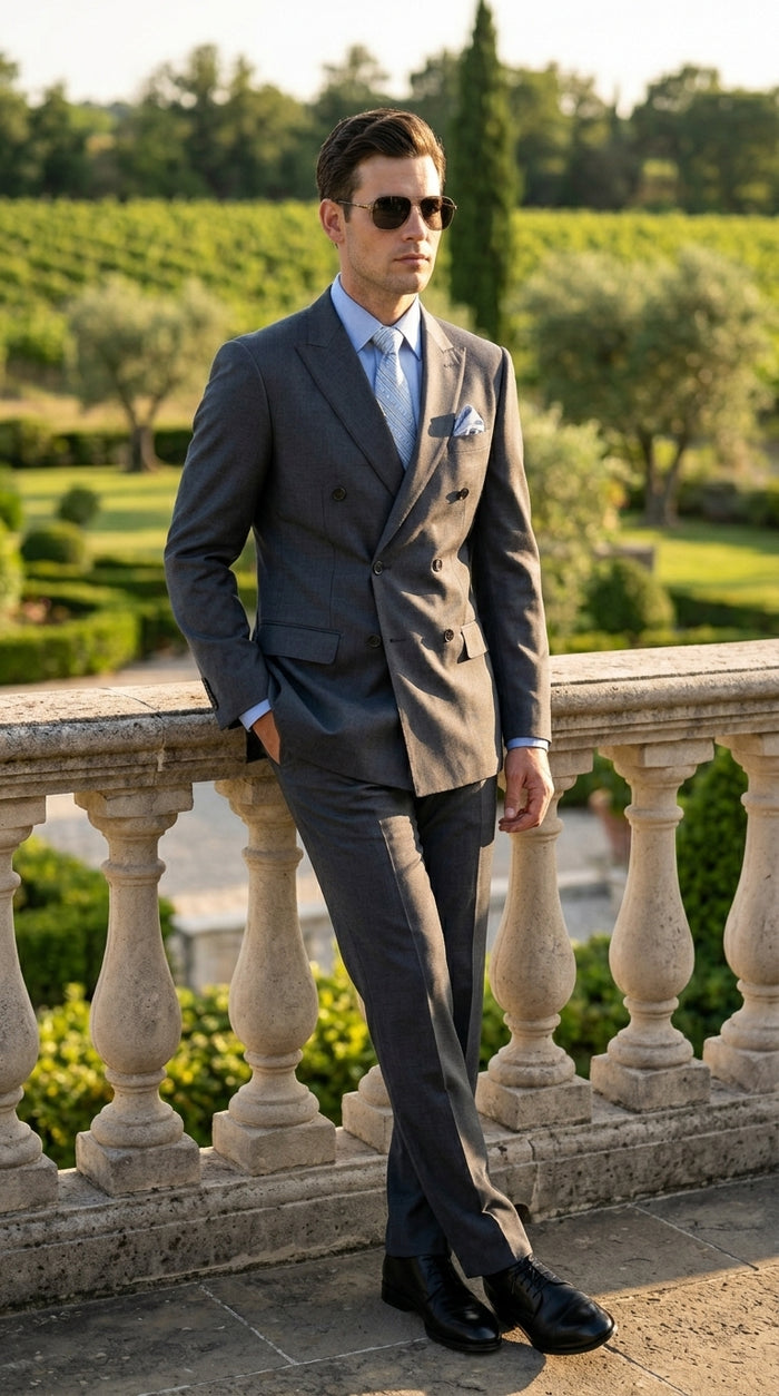 Men’s Charcoal Grey Double Breasted Wool Suit, Designer Formal Wedding Business Dress Suit Set Modern Fit