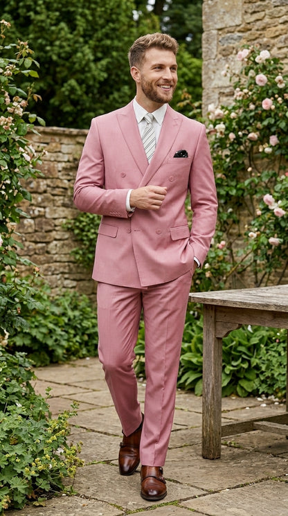 Men’s Blush Pink Double Breasted Easter Suit, Lightweight Summer Wedding Church Dress Suit Set Modern Fit